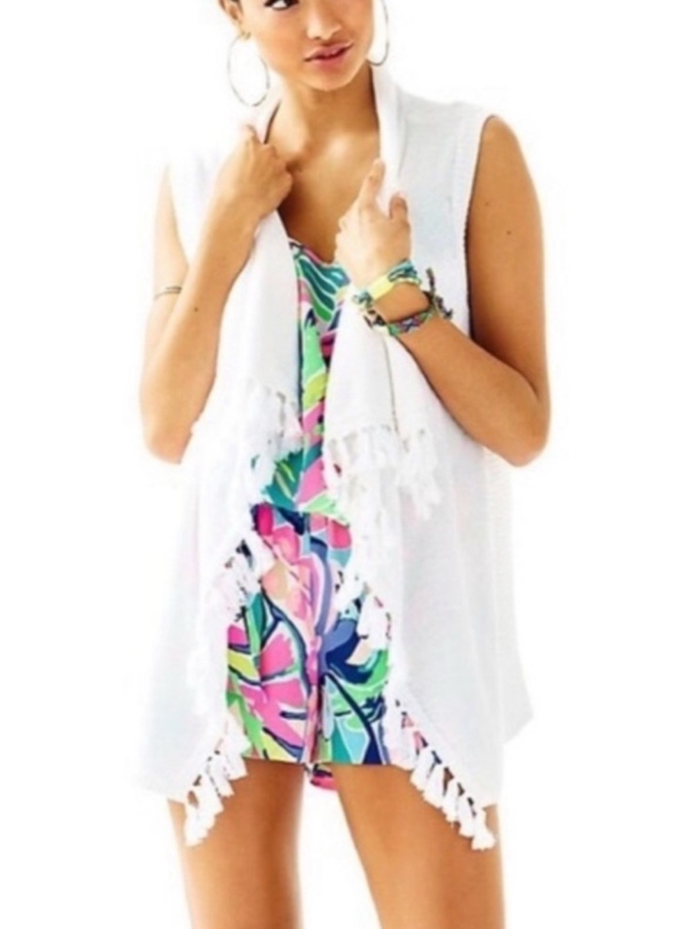 Lily Pulitzer Abbot Fringe White Tassel Open Front Vest Size Large